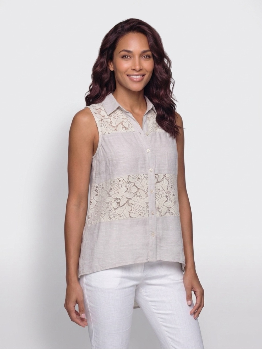 AGB Sleeveless Lace-Panel Button Front Top - Tan.